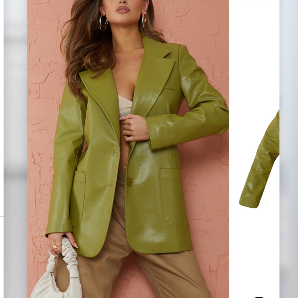 PrettyLittleThing Olive Faux Leather Oversized Pocket Blazer